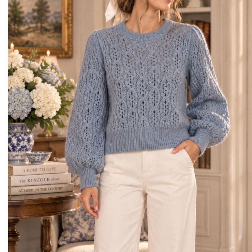 J.Crew Balloon Sleeve Cable Knit Alpaca Wool Sweater XS Dusty Sky Heritage Prep